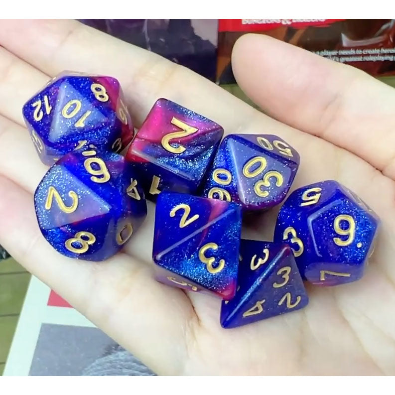 Dice - Set of 7 Glittery Gemini Blue & Red/Pink with Gold Numbers