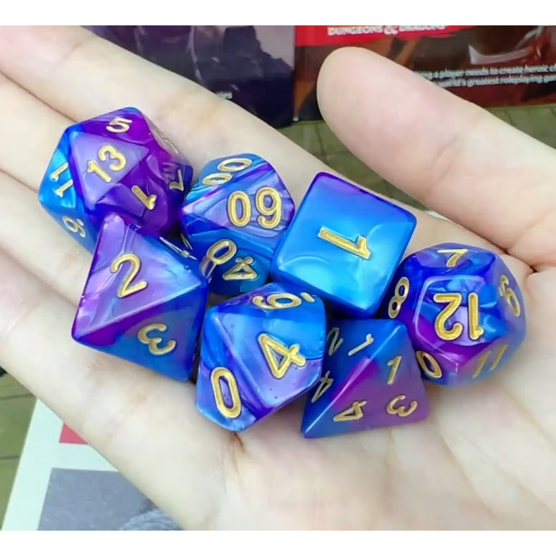 Dice - Set of 7 Gemini Blue and Purple with Gold Numbers