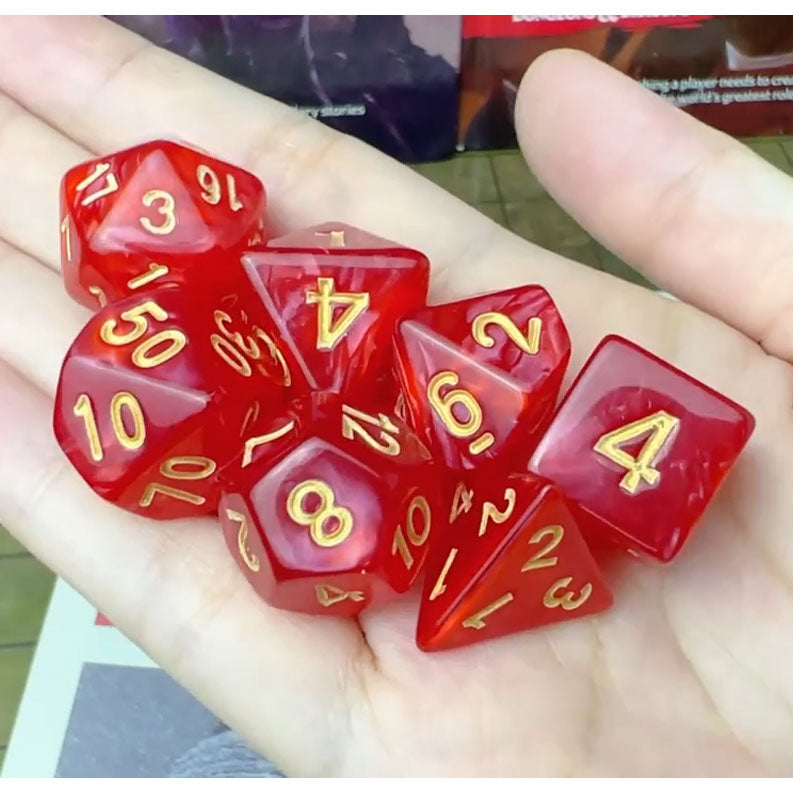 Dice - Set of 7 Fiery Red Pearl with Gold Numbers