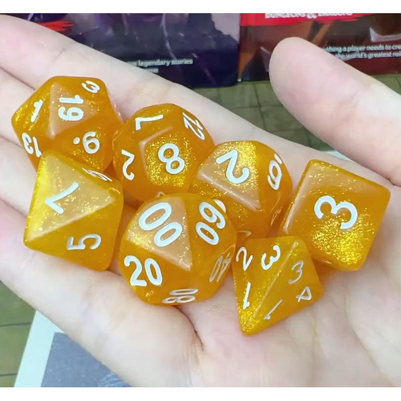Dice - Set of 7 Amber Sparkle with White Numbers