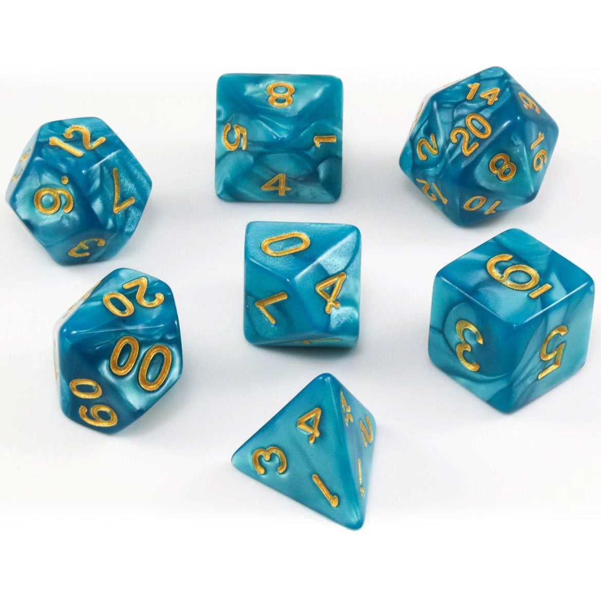 Dice - Set of 7 Teal Pearl with Gold