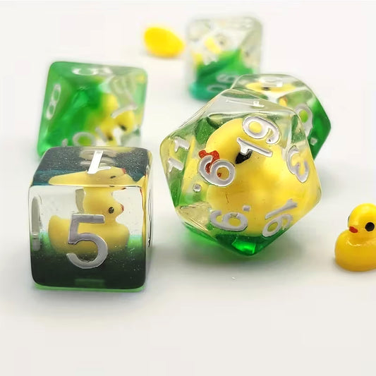 Dice - Set of 7 Ducky Dice Green and Clear with White Numbers