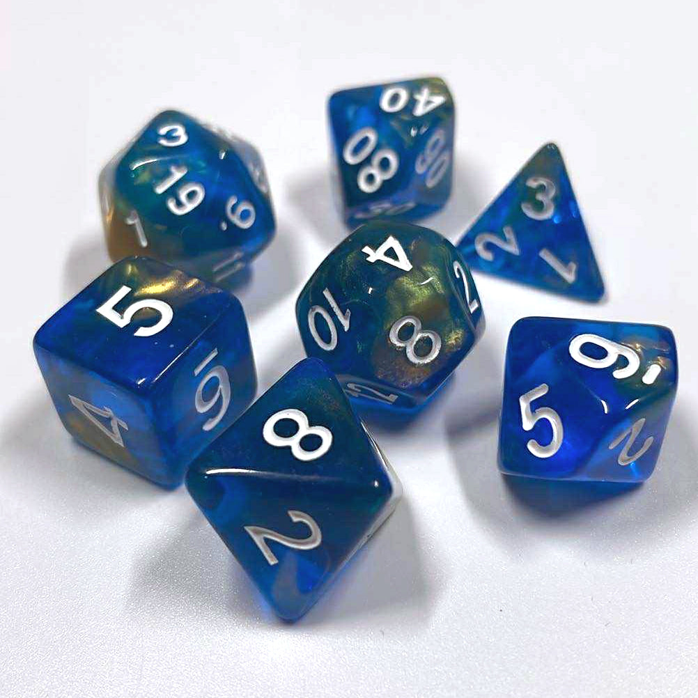 Dice - Set of 7 Blue and Gold with White Numbers