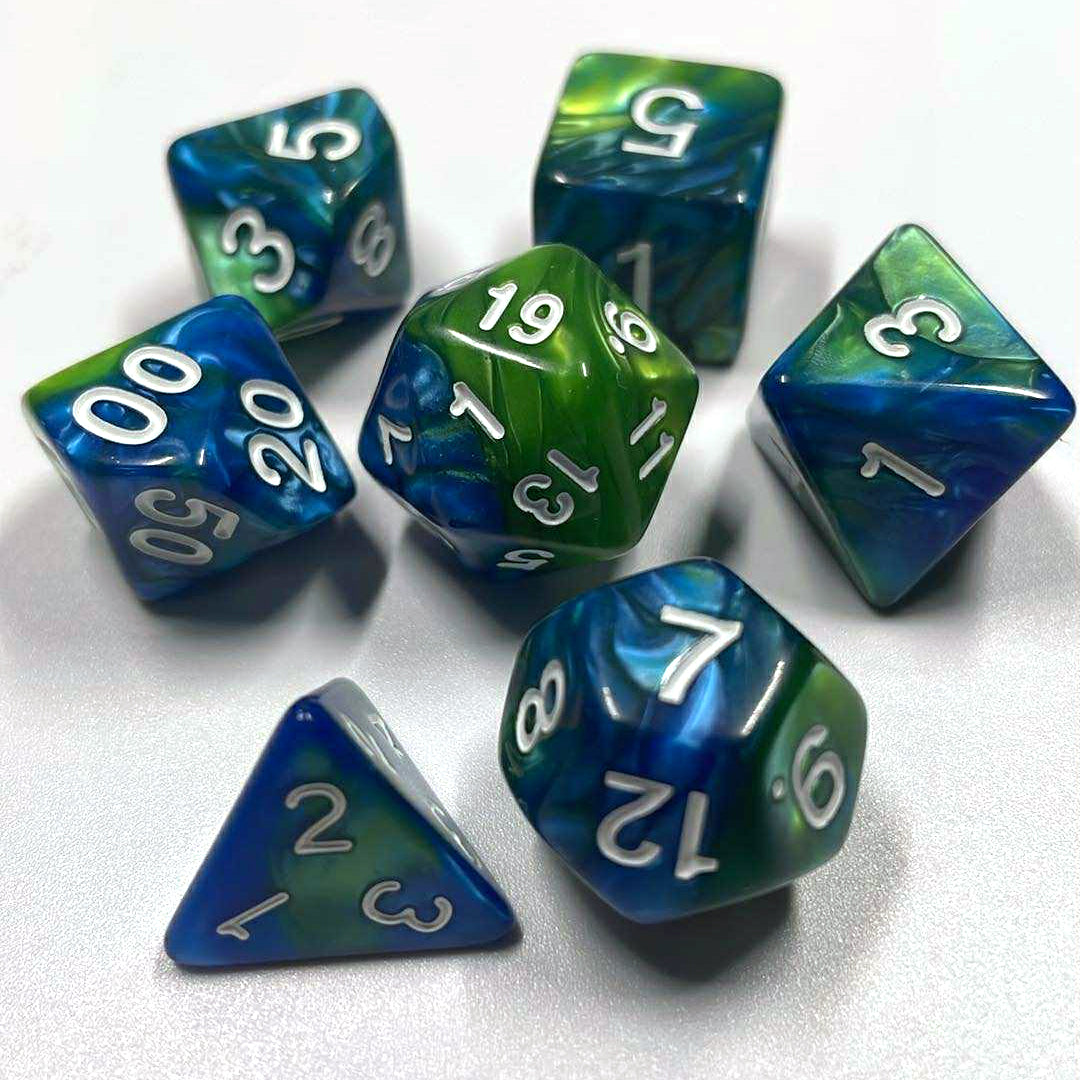 Dice - Set of 7 Blue and Green with White Numbers