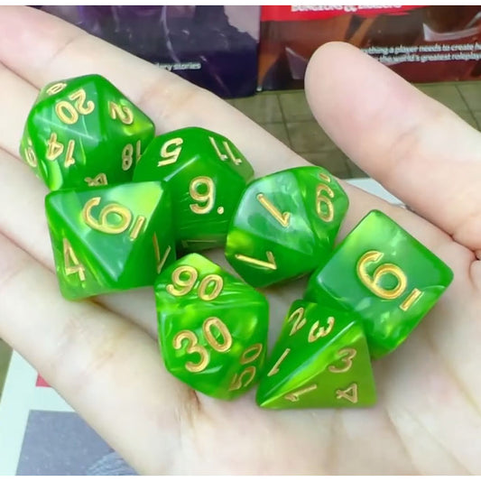 Dice - Set of 7 Lime Green Pearl with Gold Numbers