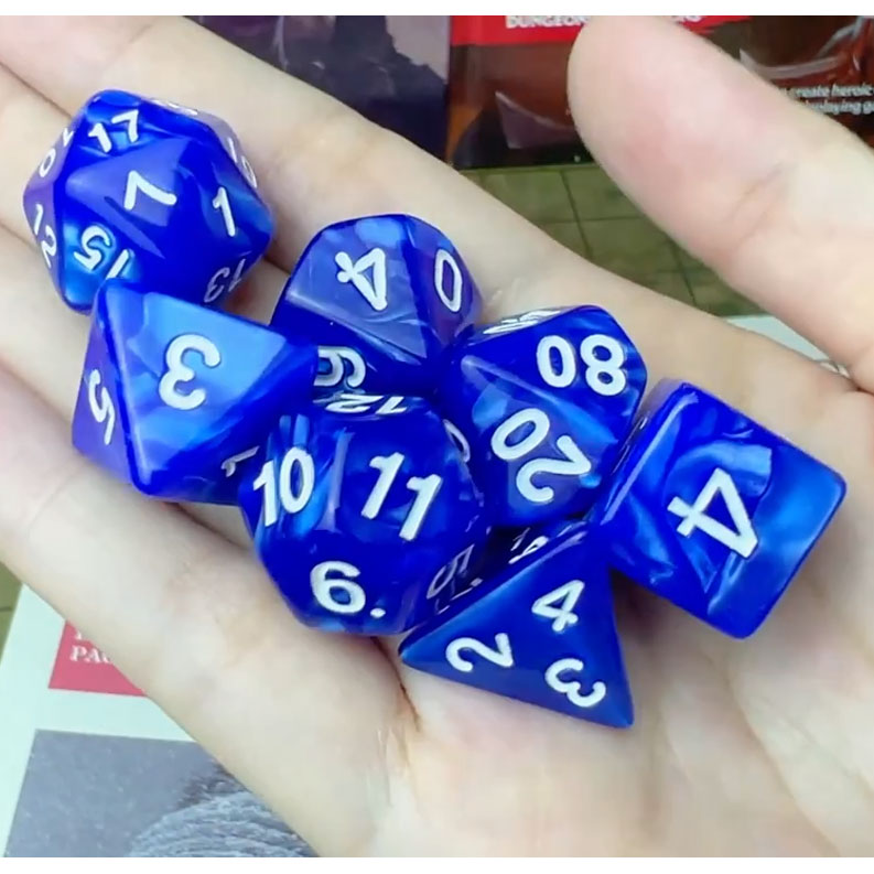 Dice - Set of 7 Blue Pearl with White Numbers