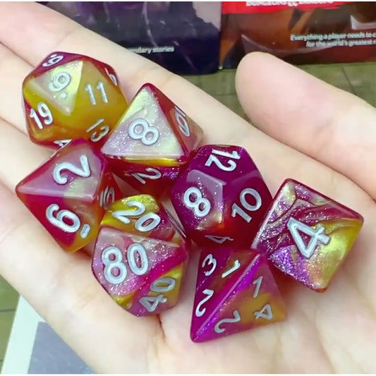 Dice - Set of 7 Dragonfruit Sunrise with White Numbers