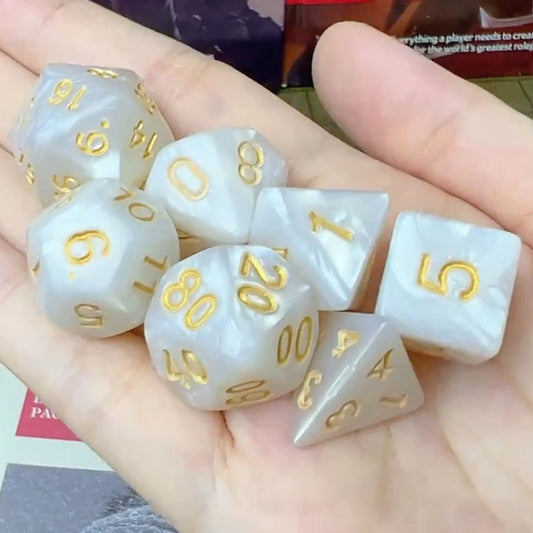Dice - Set of 7 Pearl White with Gold Numbers