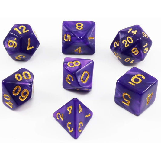 Dice - Set of 7 Pearl Purple with Gold Numbers