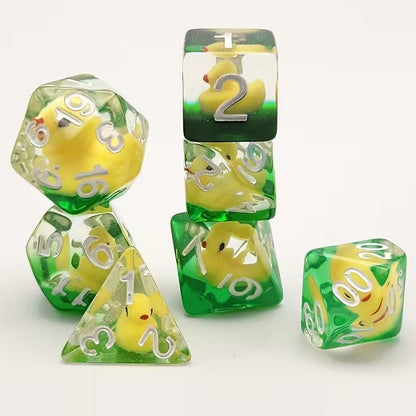 Dice - Set of 7 Ducky Dice Green and Clear with White Numbers