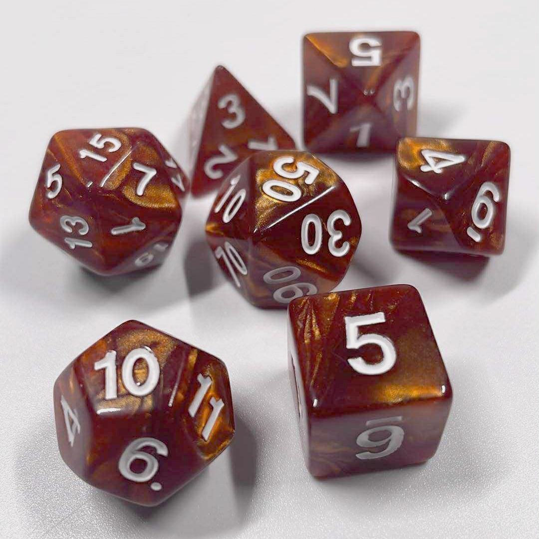 Dice - Set of 7 Brown Pearl with White